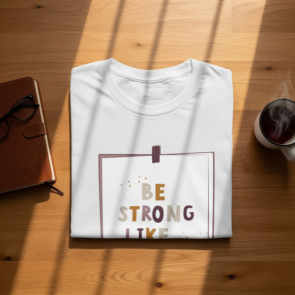 White t-shirt with "BE STRONG LIKE" text centered on the chest.