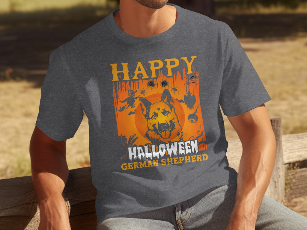 Dark shirt featuring a dog with "HAPPY HALLOWEEN GERMAN SHEPHERD" text.