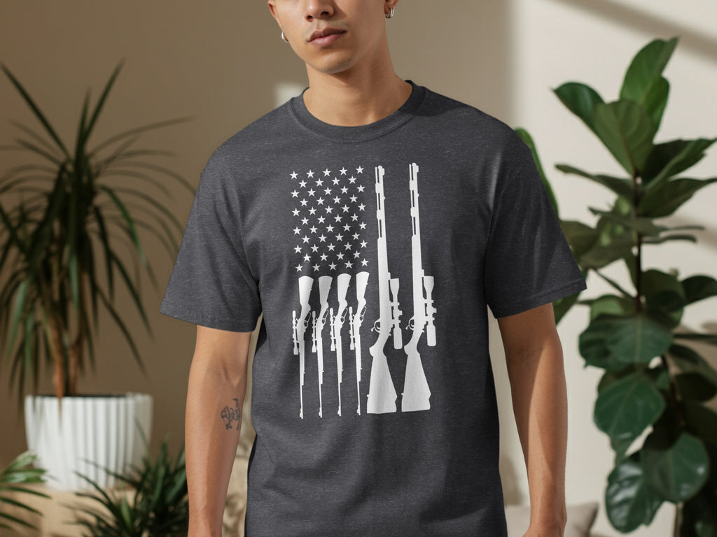 Dark gray t-shirt with white American flag design made of rifles.