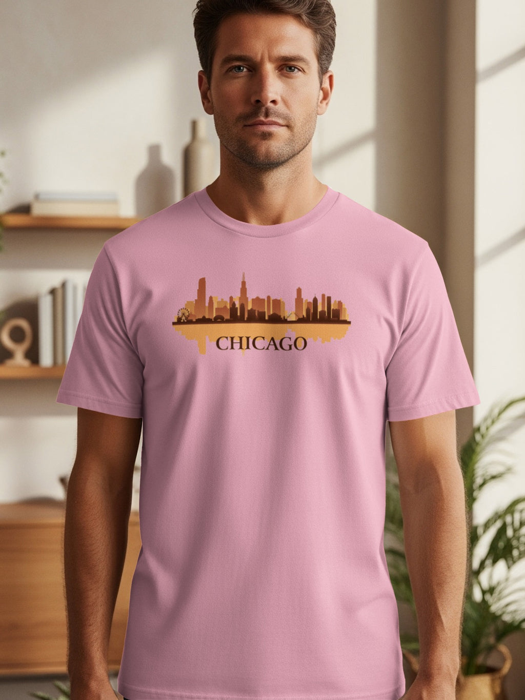 Pink t-shirt with a Chicago skyline graphic and text.