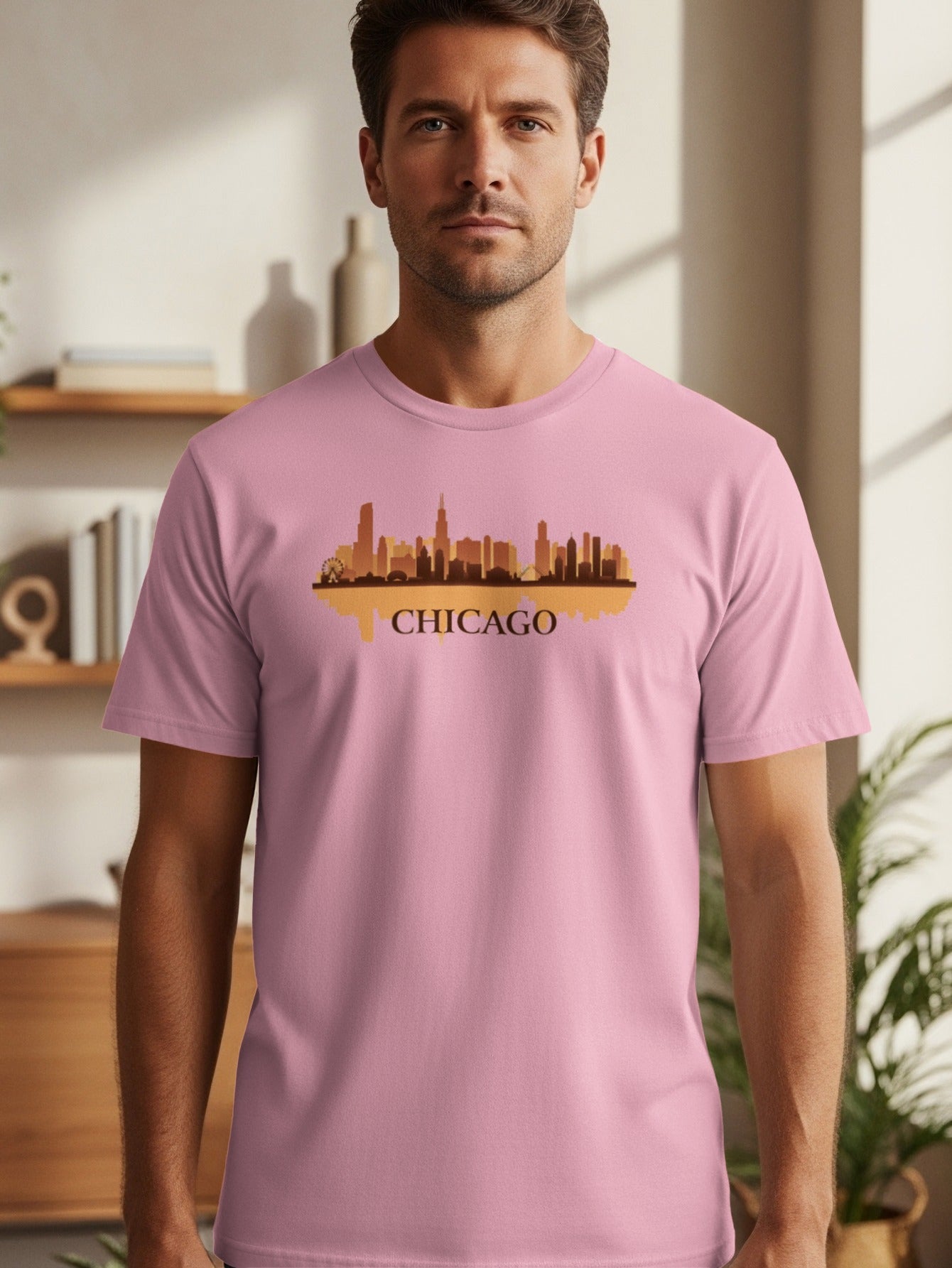 Pink t-shirt with a Chicago skyline graphic and text.