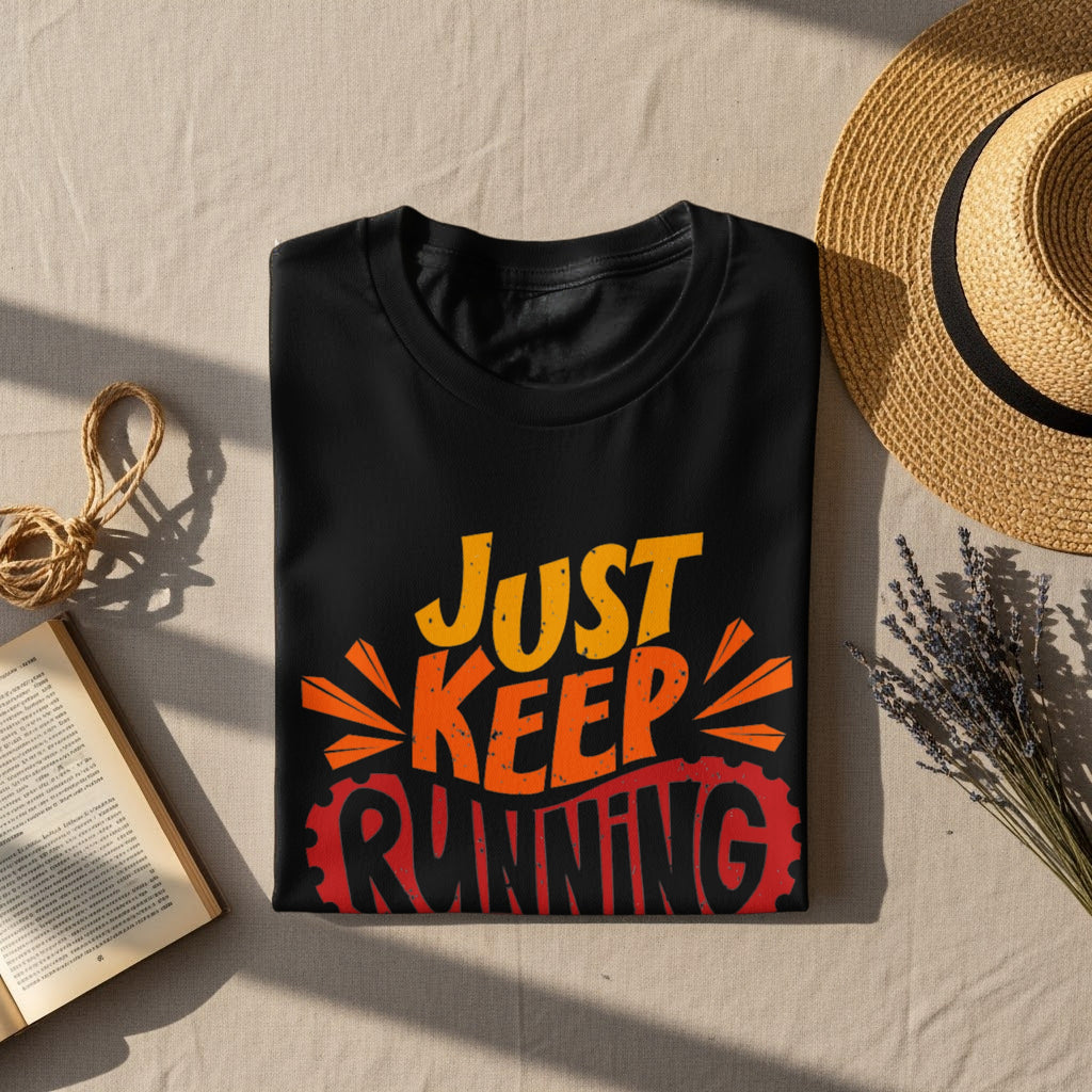 Black t-shirt with "Just Keep Running" graphic, straw hat, and book.