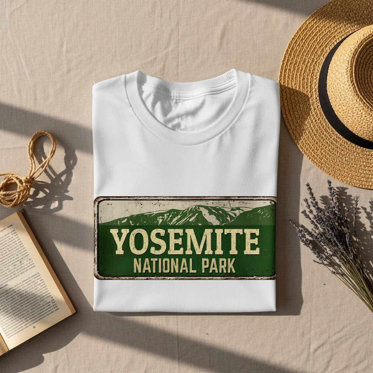 White t-shirt with Yosemite National Park graphic, next to straw hat and book.