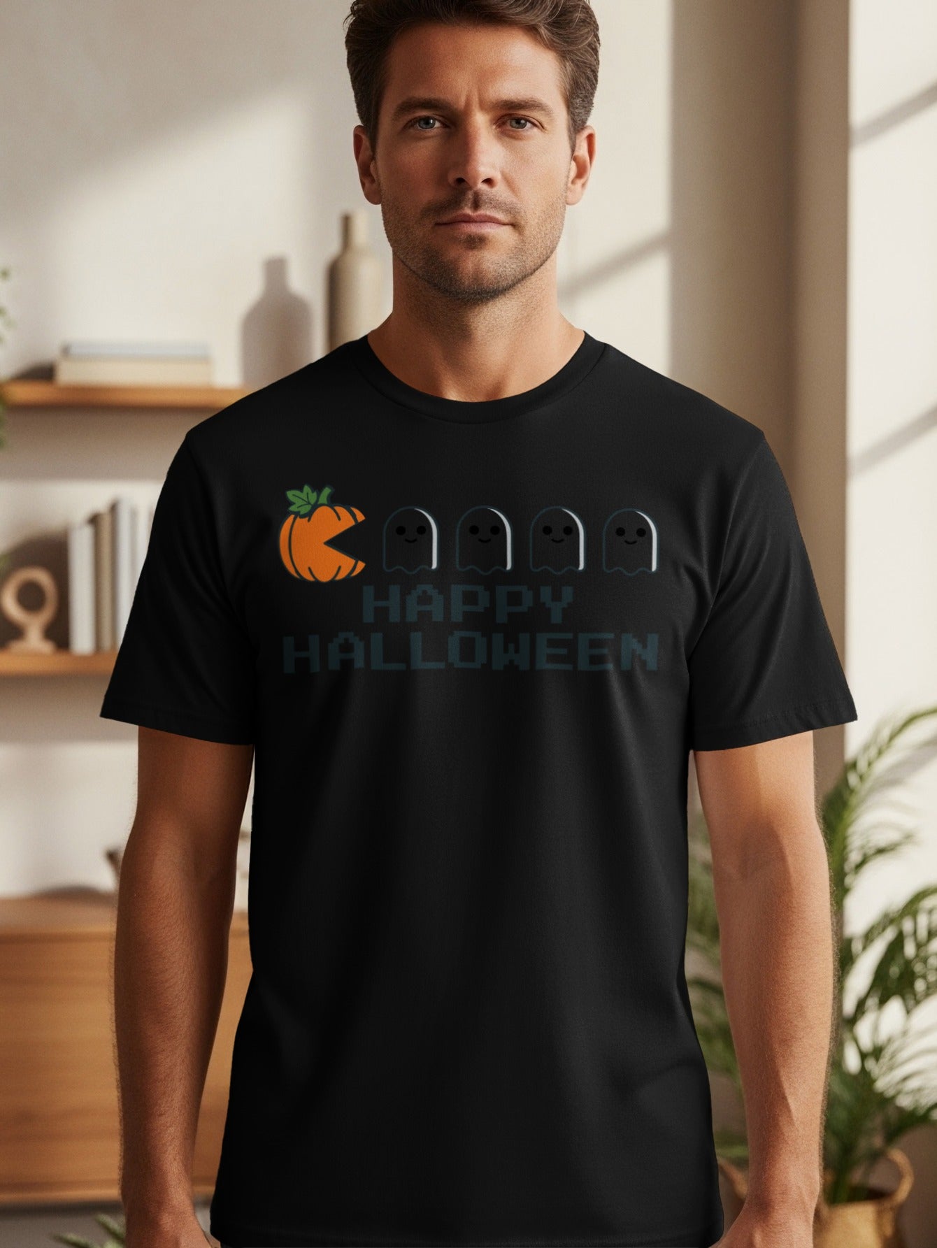 Black t-shirt with pumpkin Pac-Man, ghosts, and "Happy Halloween" text.