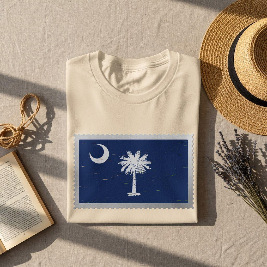 Cream t-shirt with South Carolina flag postage stamp design.
