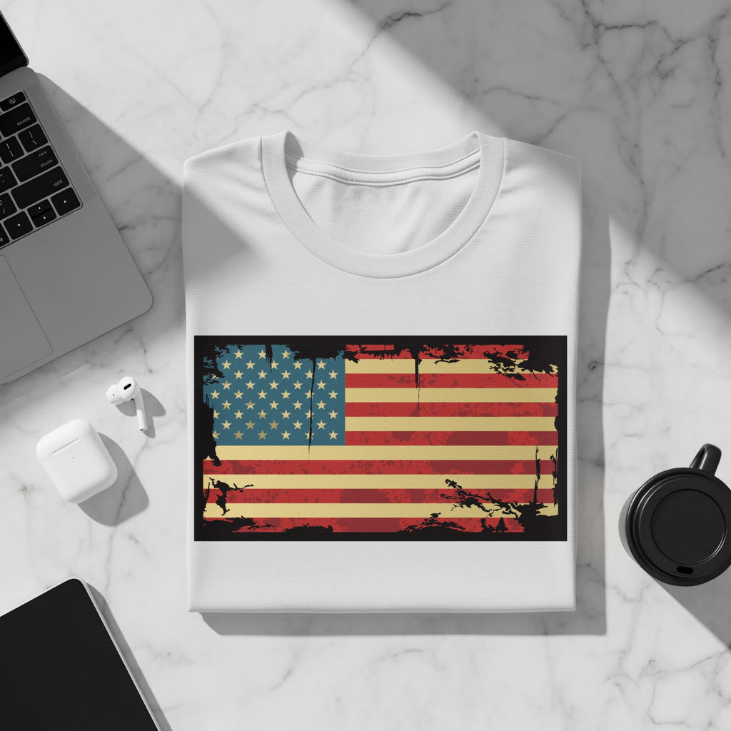 White t-shirt with distressed American flag graphic in the center.