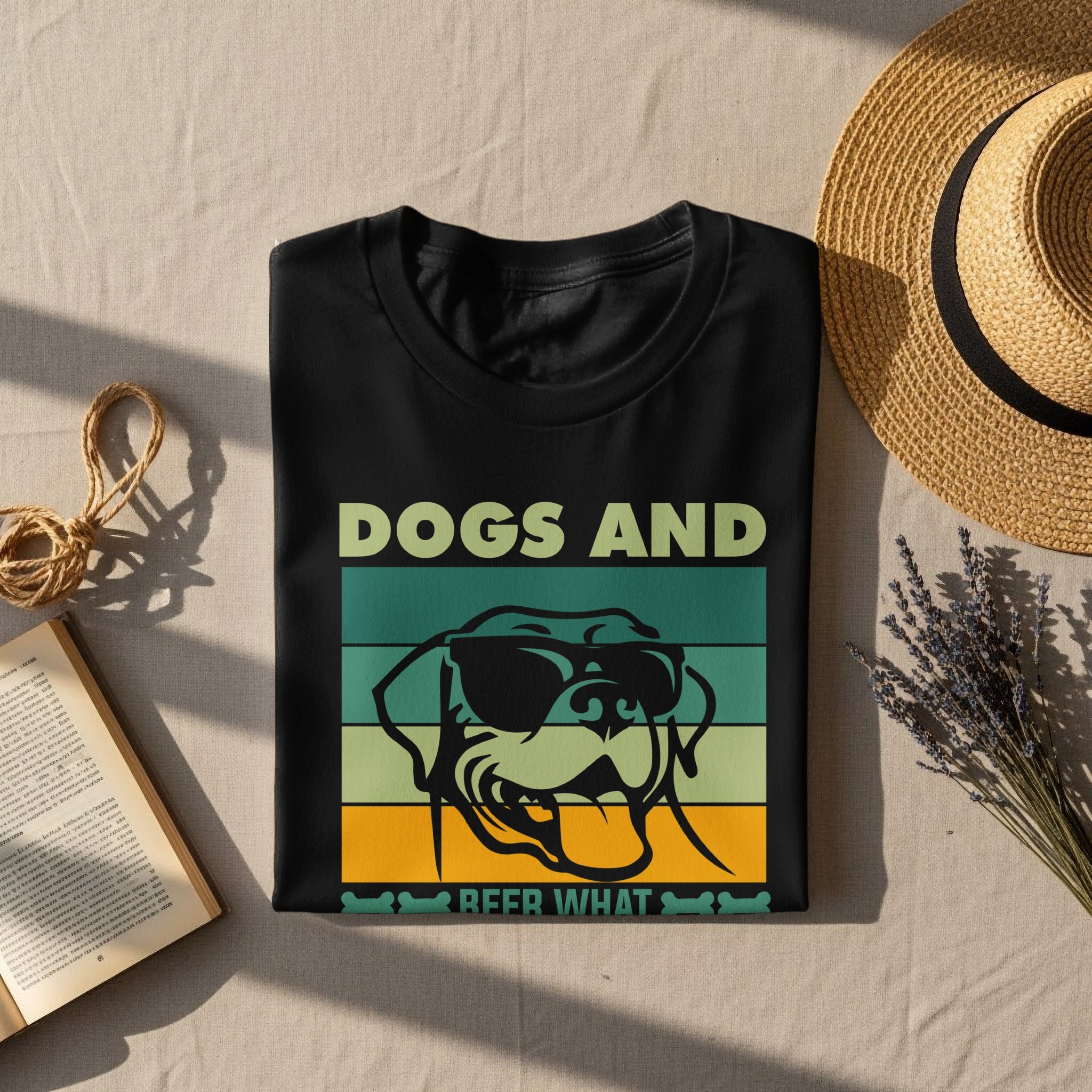 Black t-shirt with "Dogs and Beer What" text and a dog wearing sunglasses graphic.