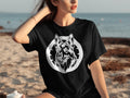 Black t-shirt with a white German Shepherd graphic on the chest.