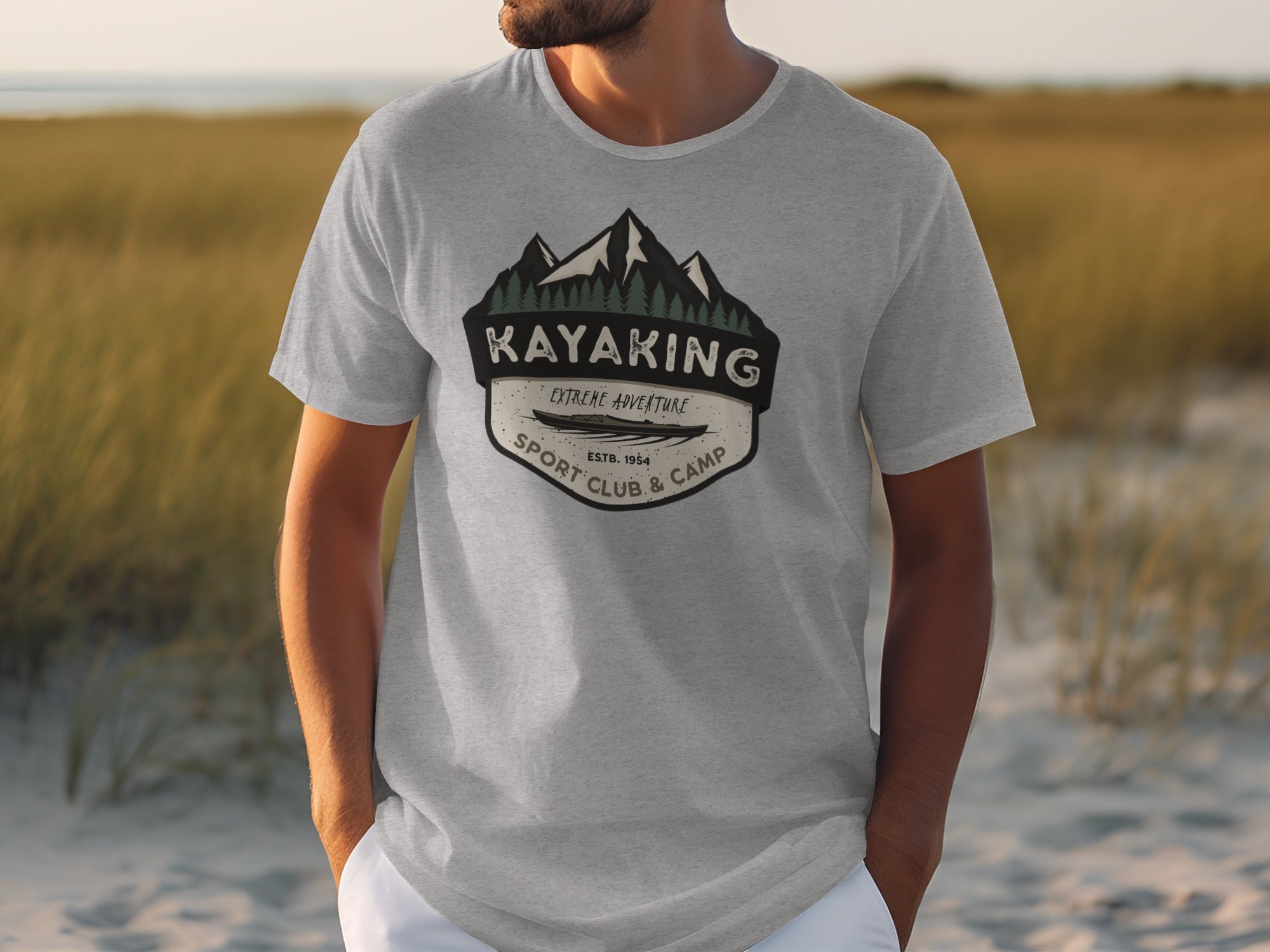 Grey t-shirt with vintage kayaking extreme adventure sport club & camp emblem.