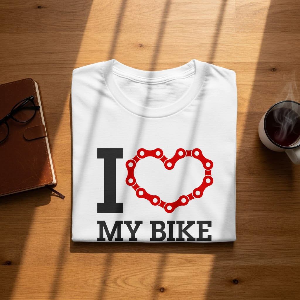 White t-shirt with "I ❤️ MY BIKE" text and a bike chain heart graphic.