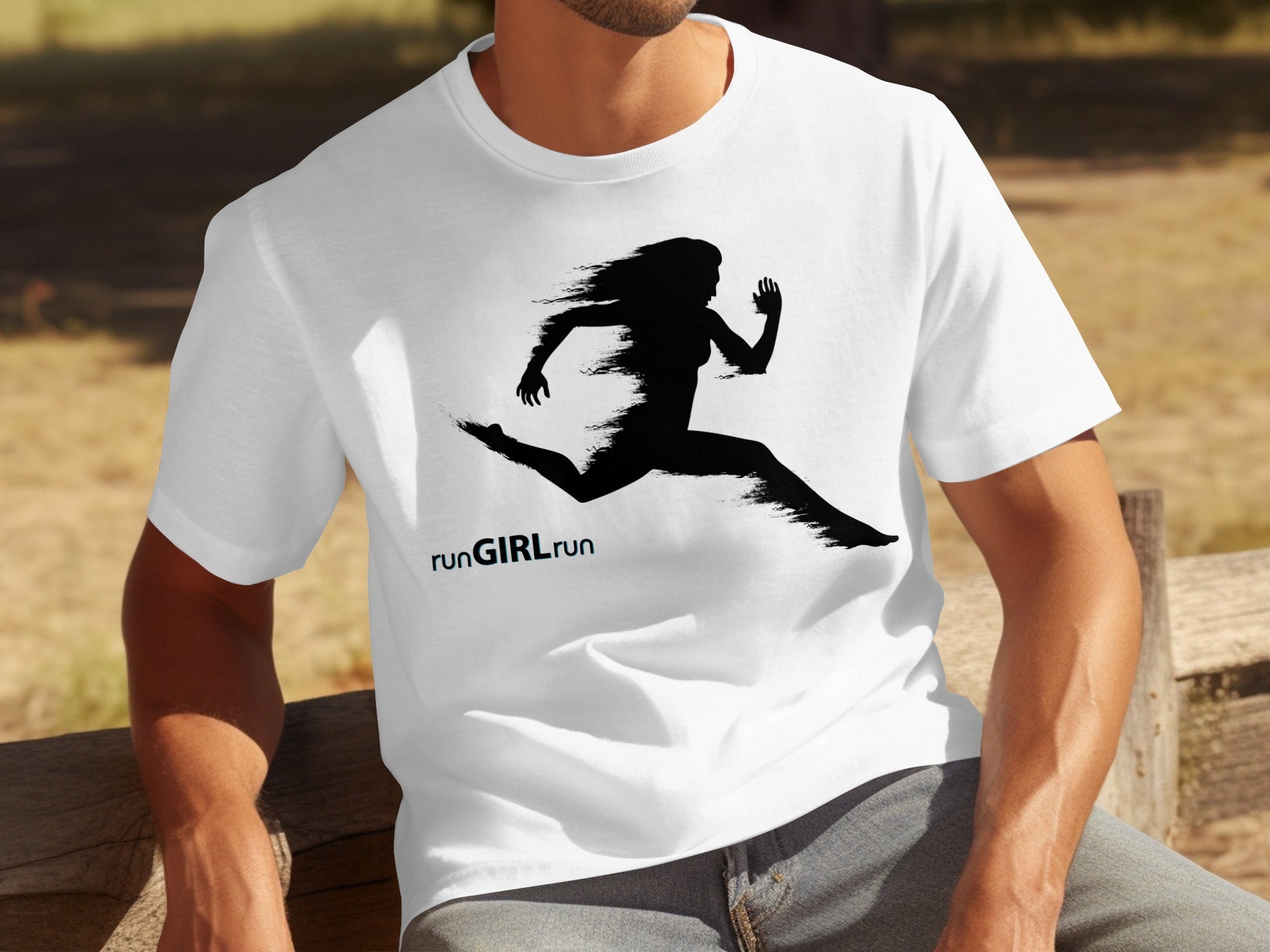 White t-shirt with black silhouette of running girl and text "runGIRLrun".
