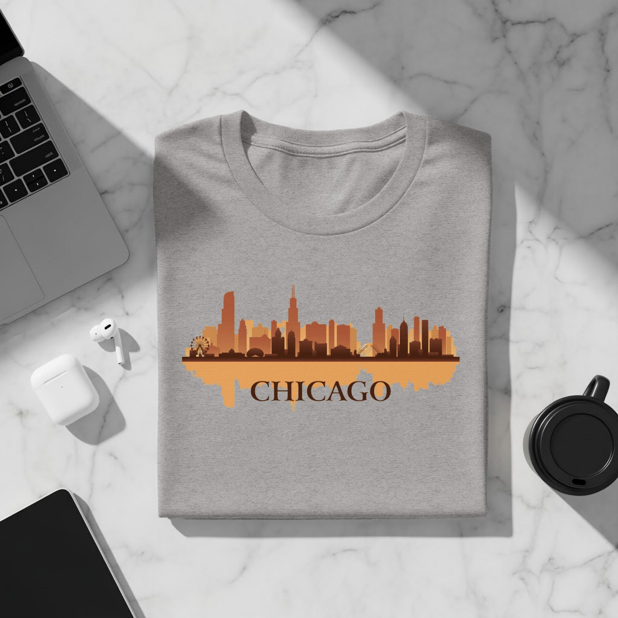 Grey t-shirt with Chicago skyline graphic and text "CHICAGO" below.