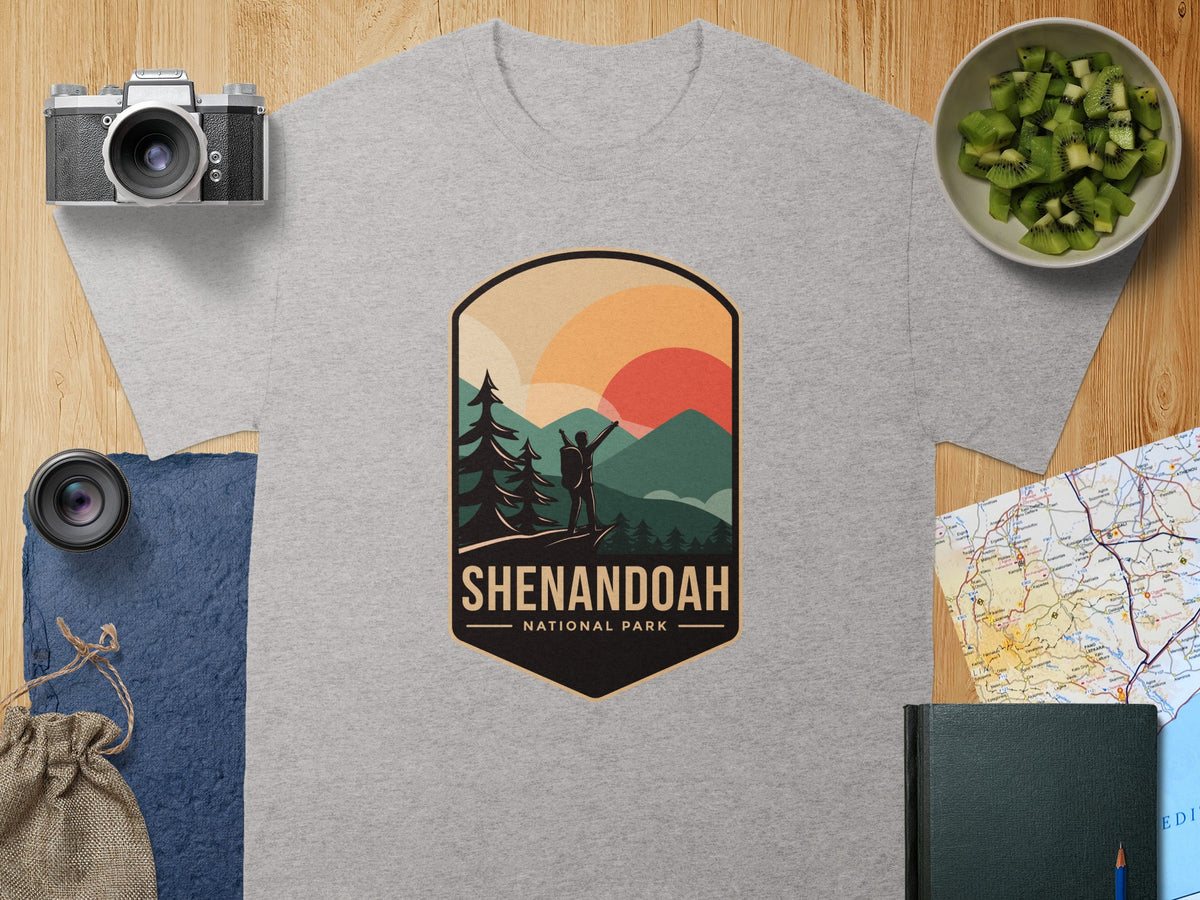 Shenandoah National Park graphic on a grey t-shirt with retro mountain sunset scene.