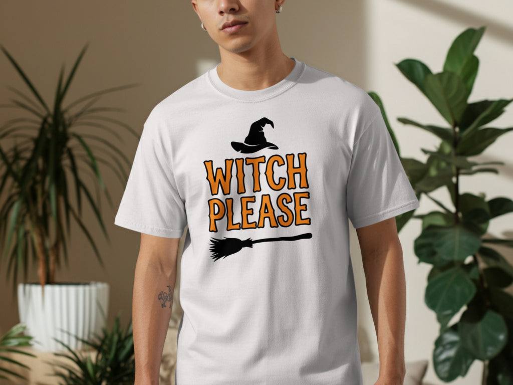 White t-shirt with "WITCH PLEASE" text, witch hat, and broom graphic.