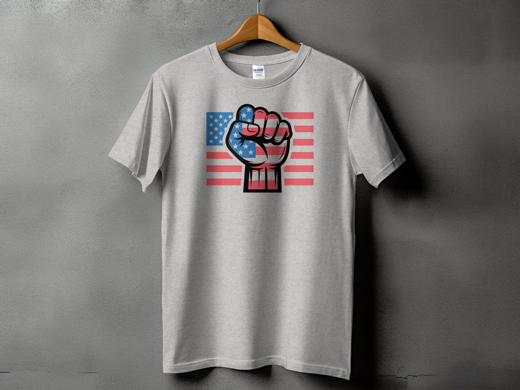 Light gray t-shirt with a clenched fist graphic in US flag colors.