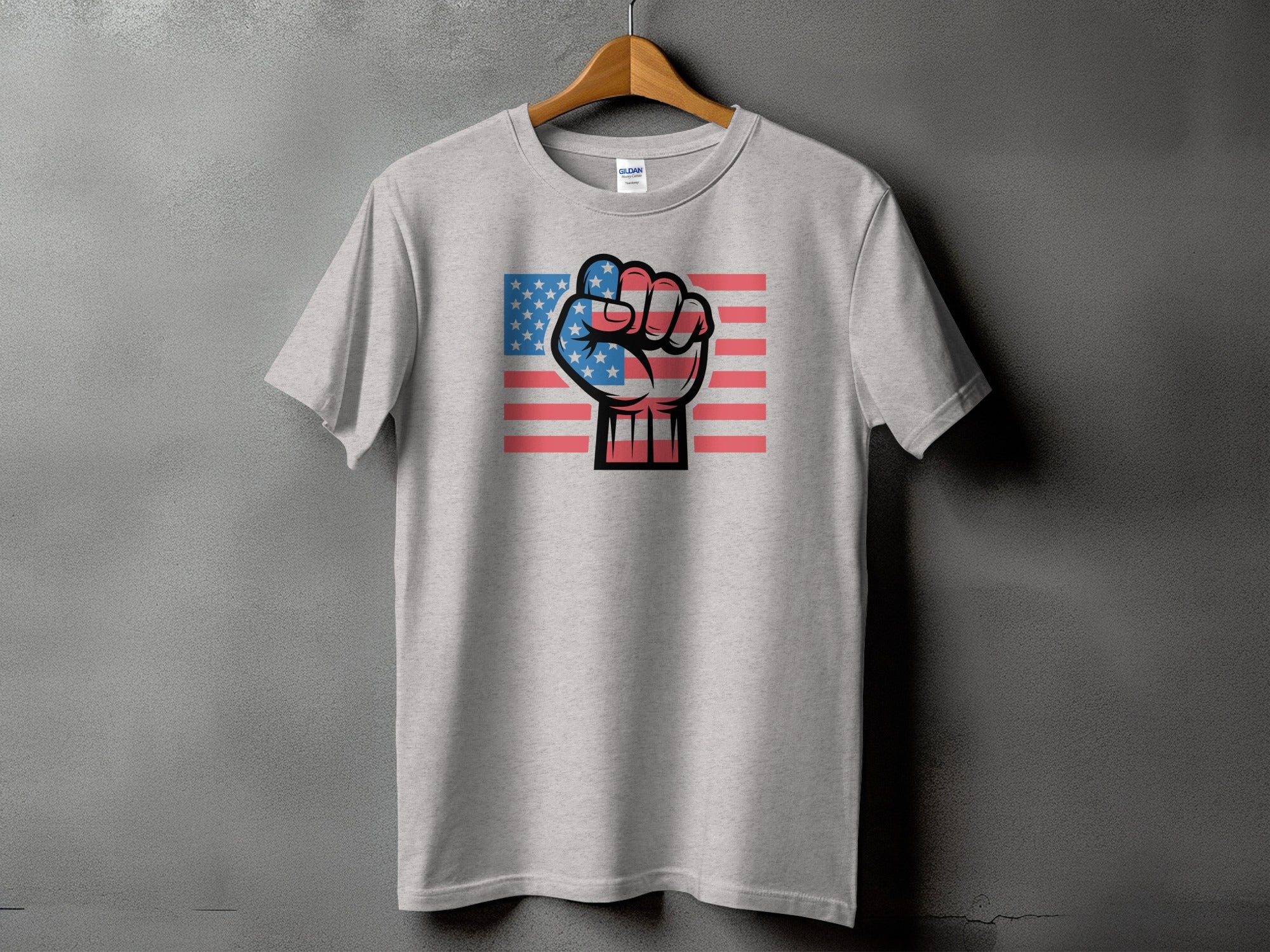 Light gray t-shirt with a clenched fist graphic in US flag colors.