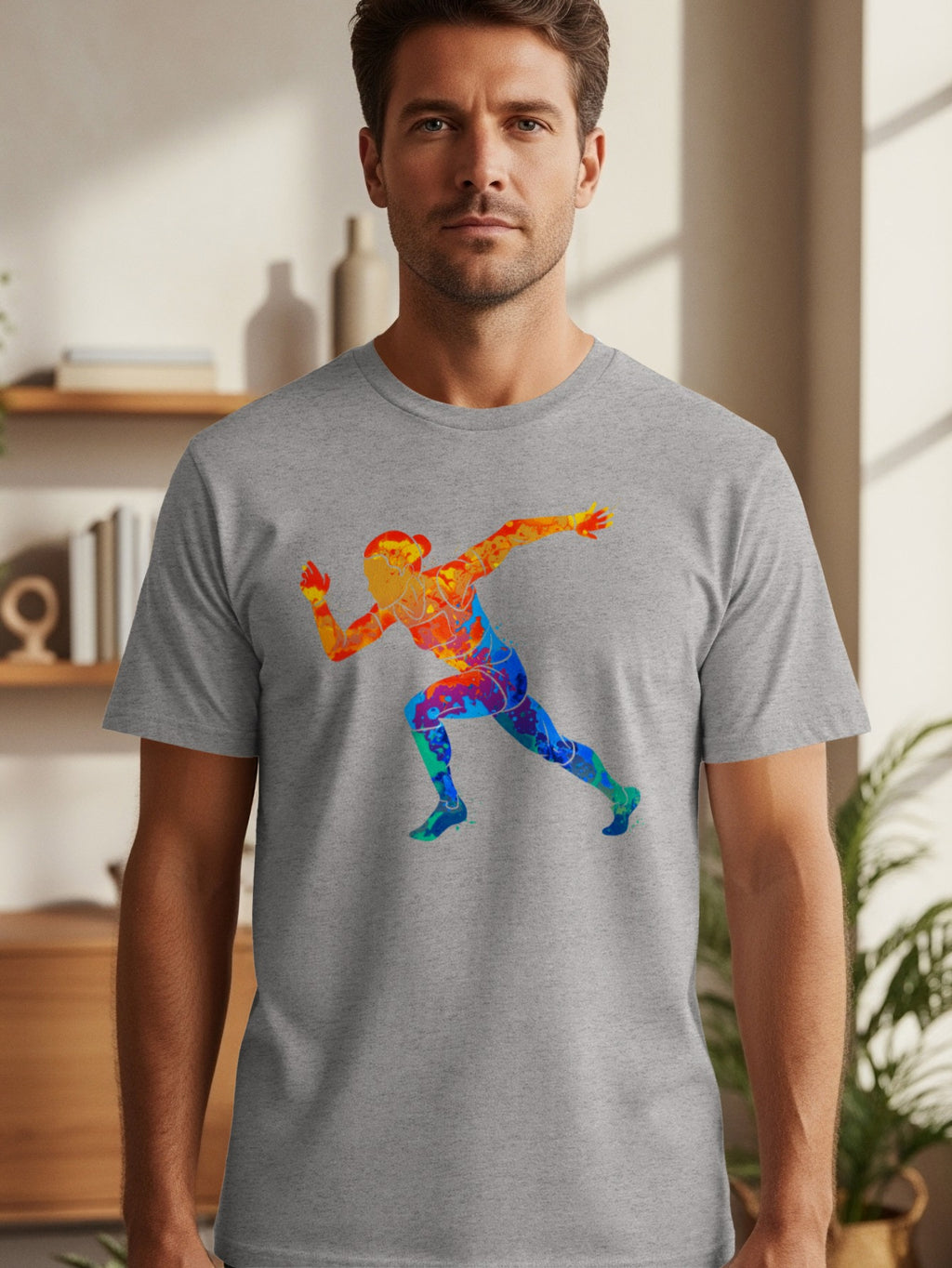 Grey t-shirt with colorful running figure graphic in watercolor style.
