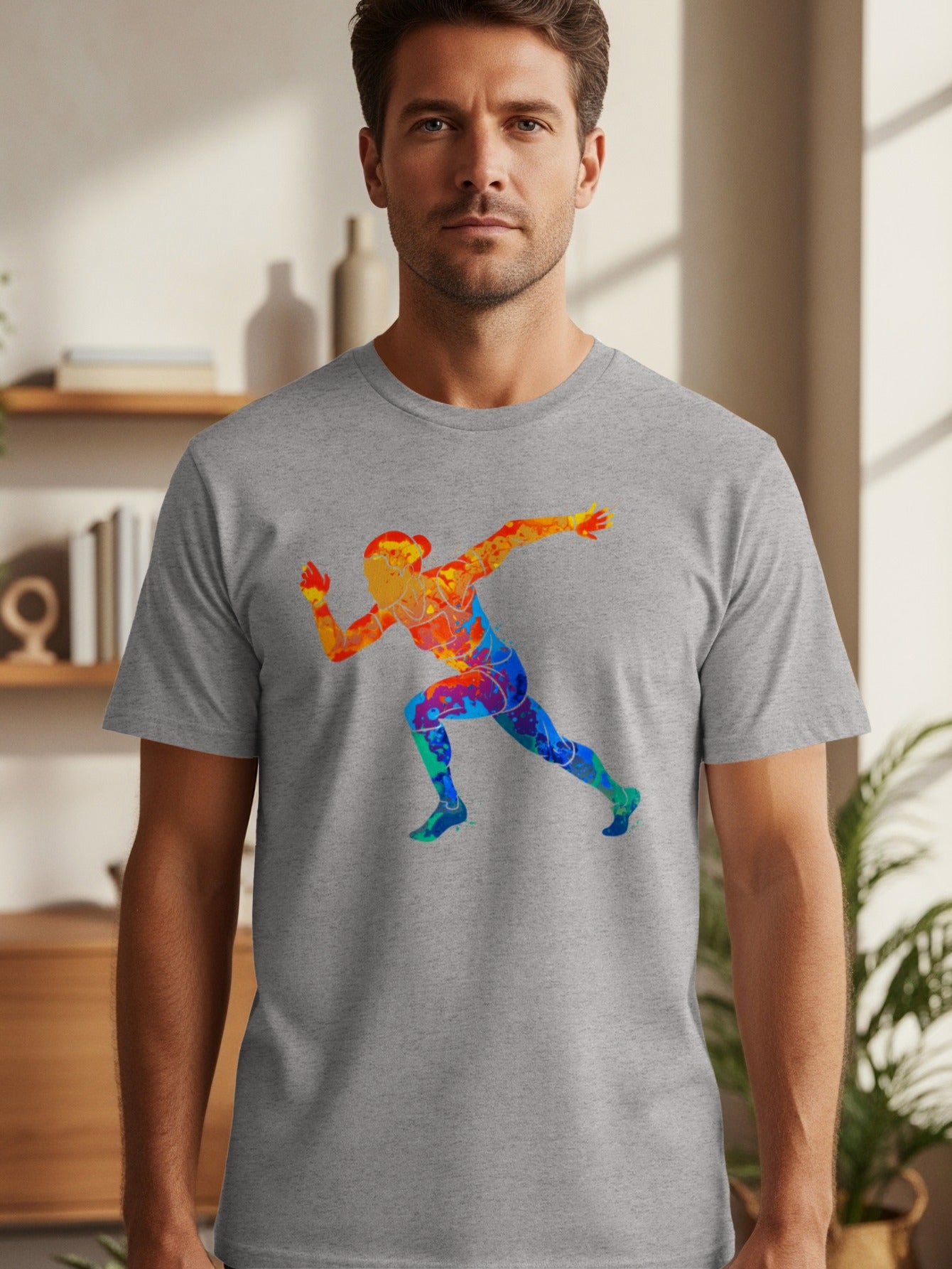 Grey t-shirt with colorful running figure graphic in watercolor style.