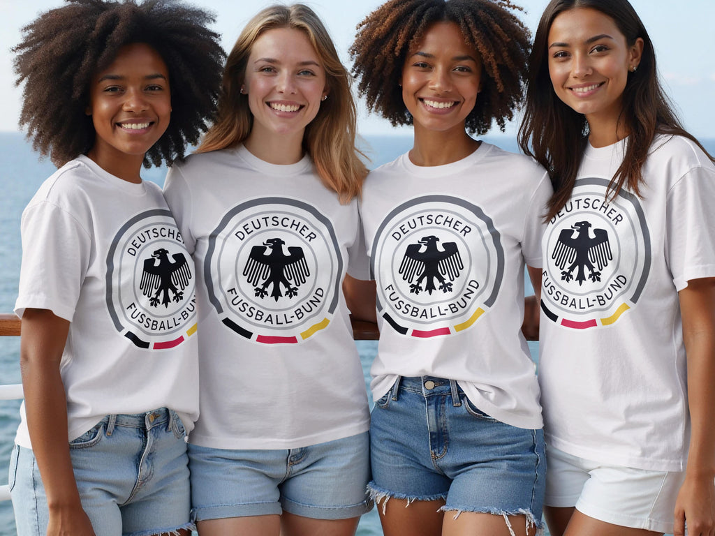 Four smiling young women in white t-shirts with German Football Association logo.
