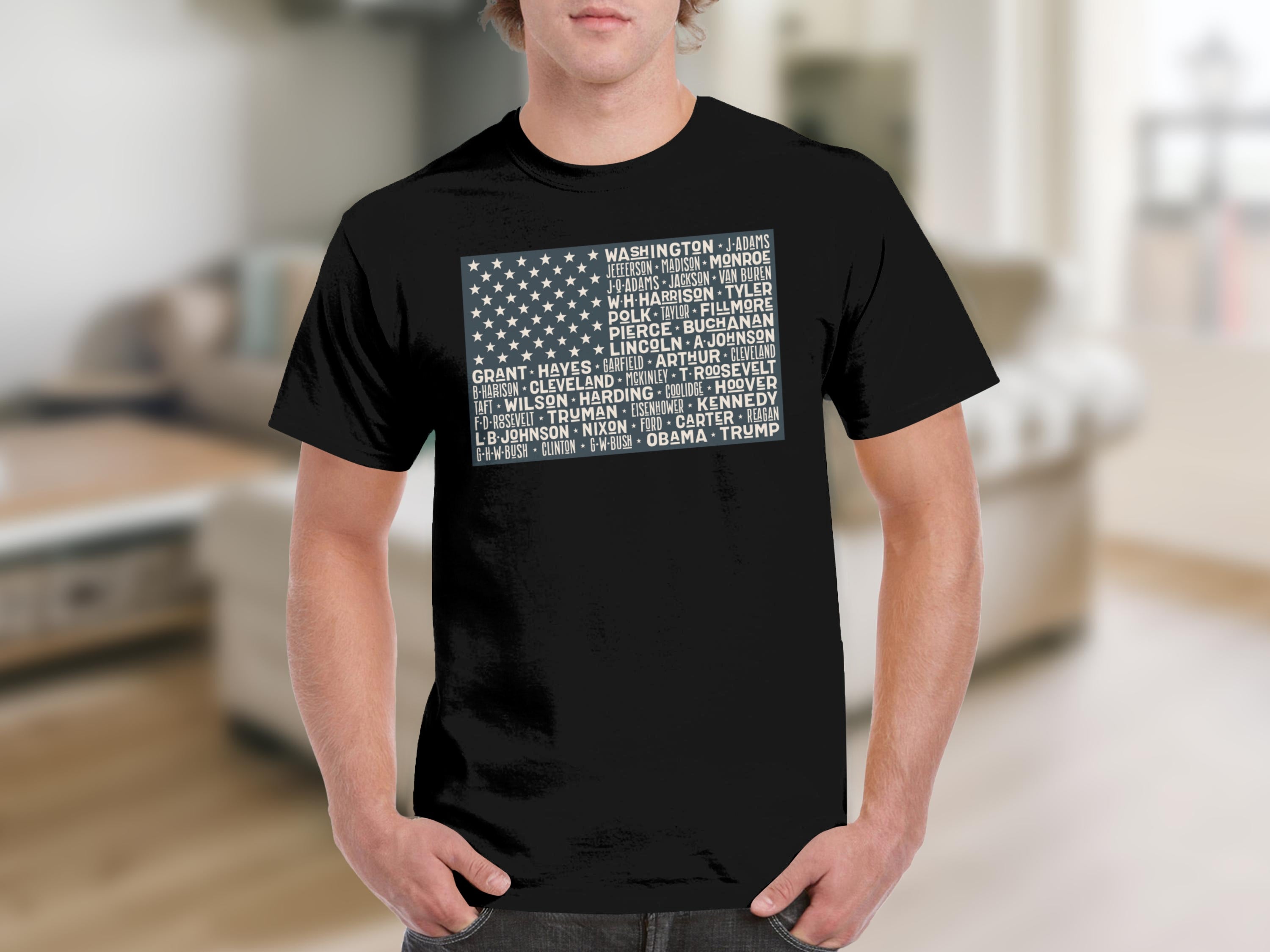Black t-shirt with US flag design listing US presidents' names.