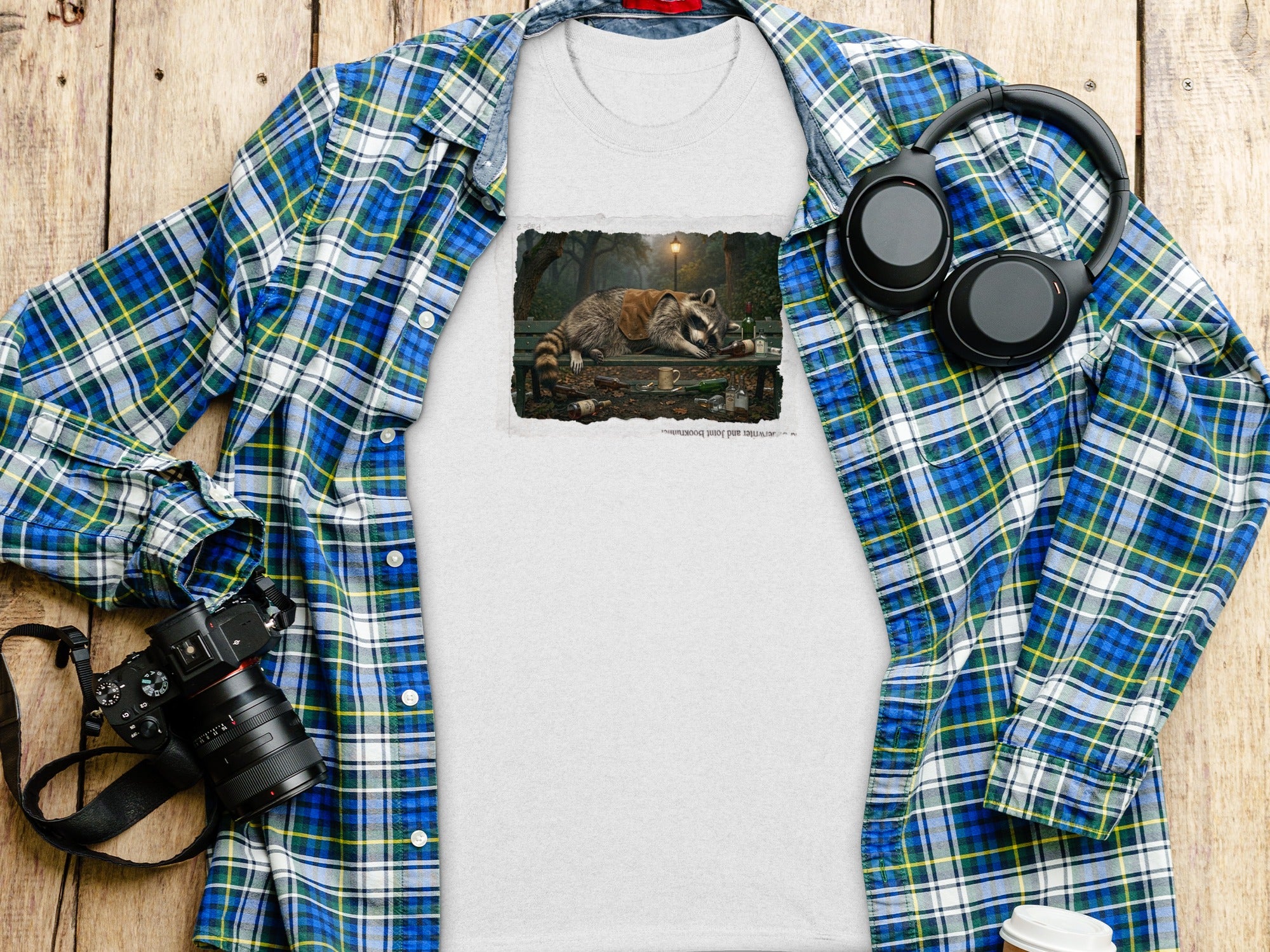 White t-shirt with a graphic of a sleeping raccoon on a park bench surrounded by bottles.