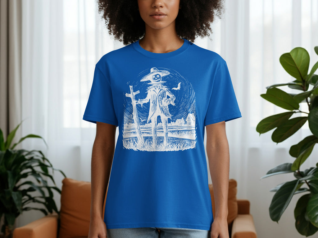 Blue t-shirt with scarecrow, cross, and house graphic illustration.