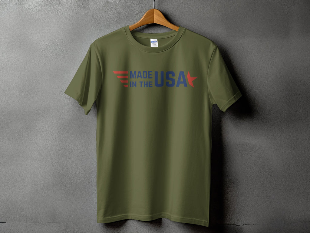 Olive green t-shirt with "MADE IN THE USA" text in red and blue.
