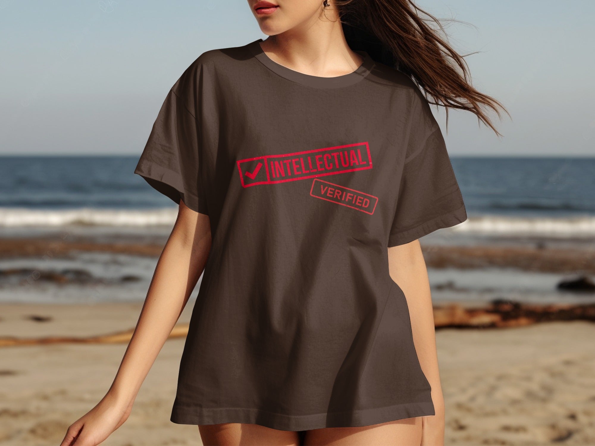 Brown t-shirt with red "Intellectual Verified" text and checkmark graphic.