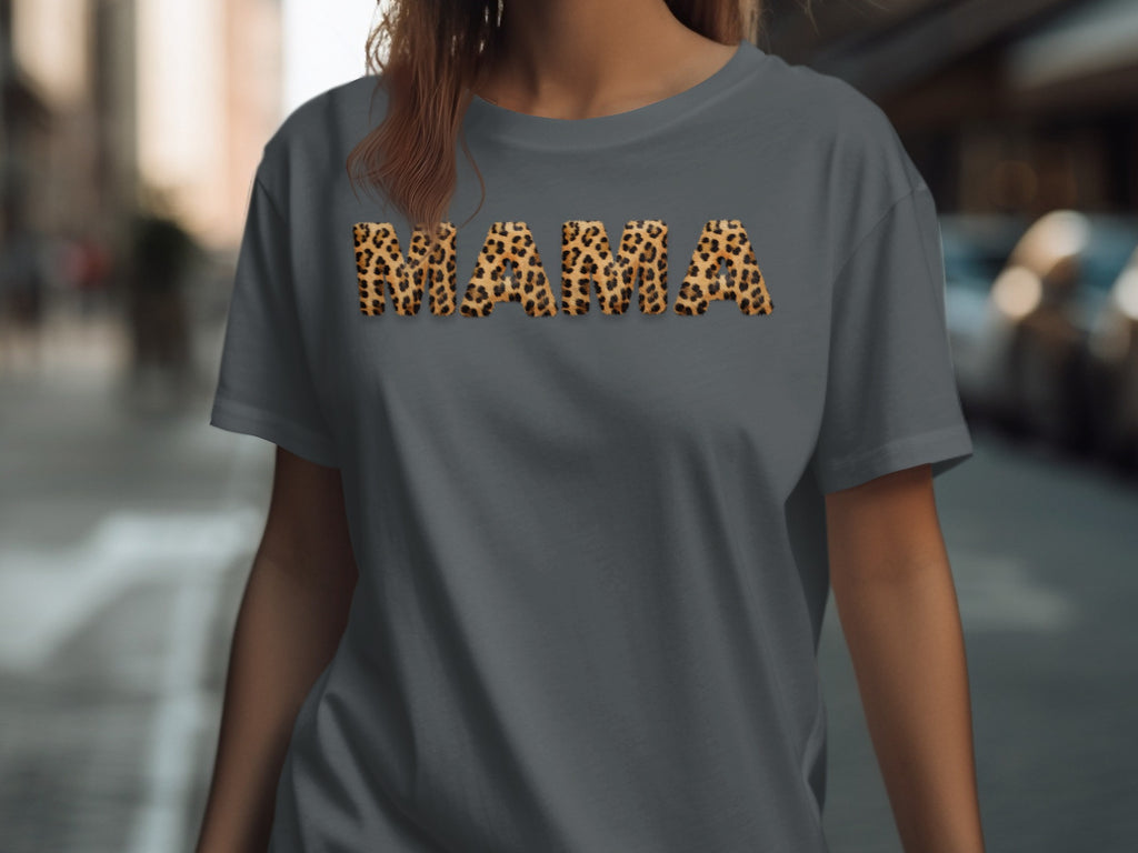 Grey t-shirt with "MAMA" in leopard print letters across the chest.