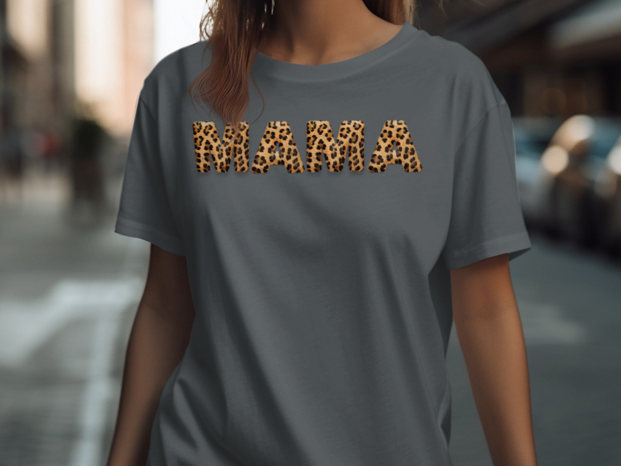 Grey t-shirt with "MAMA" in leopard print letters across the chest.