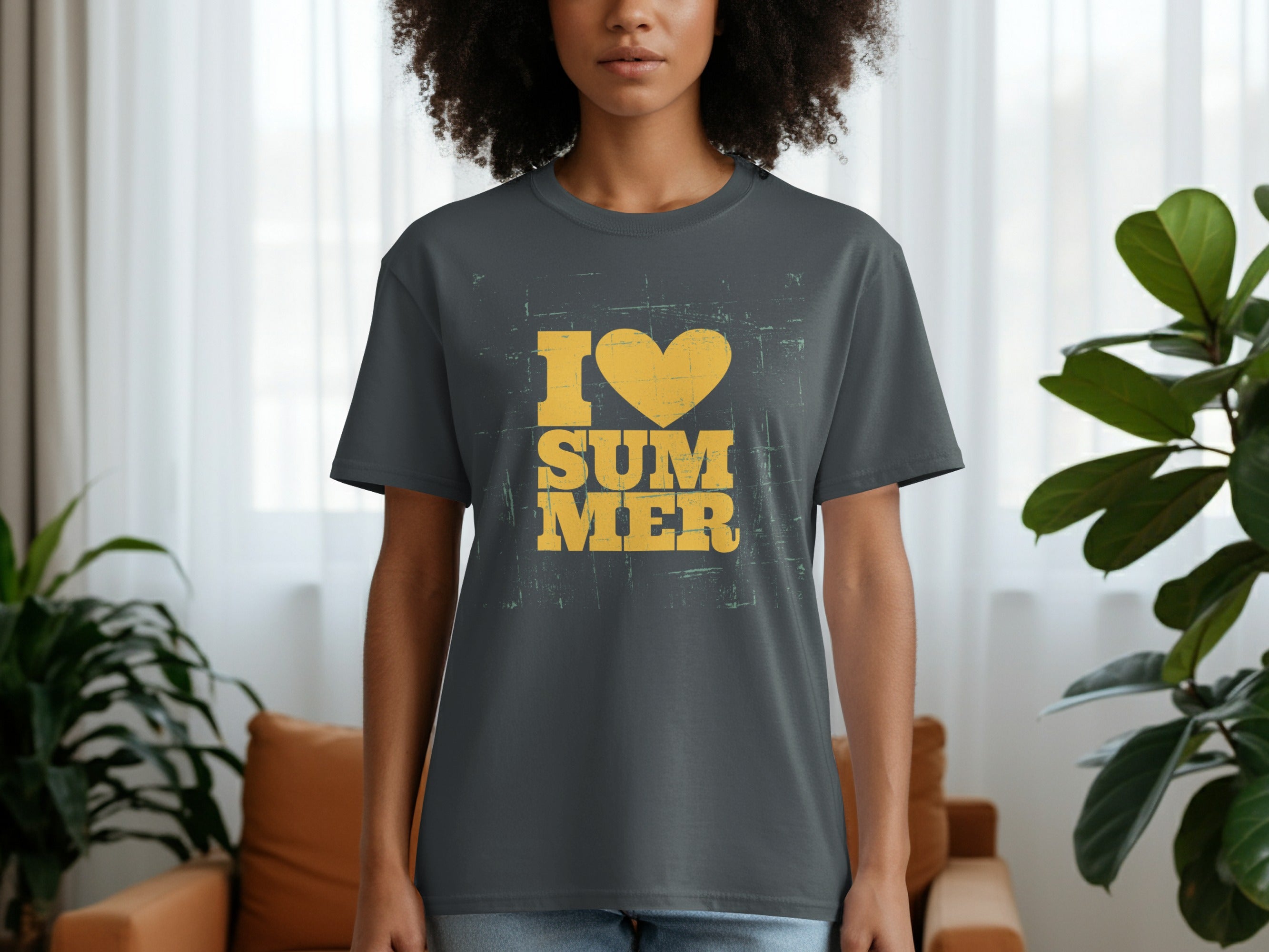 Dark gray t-shirt with yellow "I LOVE SUMMER" graphic and distressed texture.