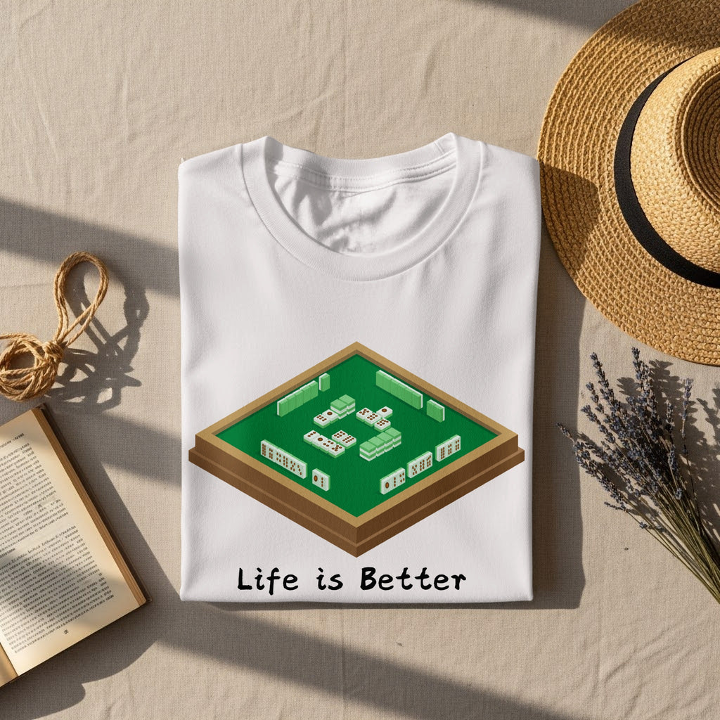 White t-shirt with mahjong tiles graphic and "Life is Better" text.