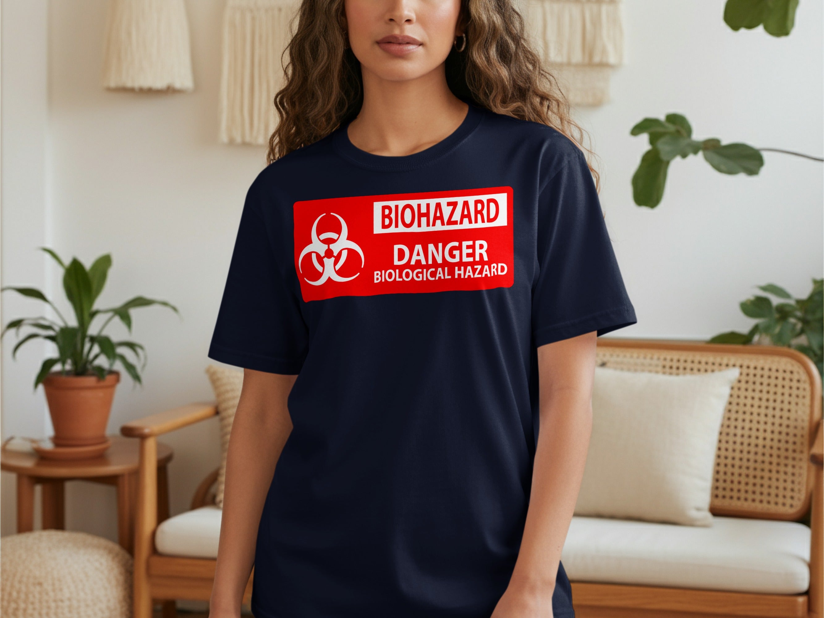 Dark blue t-shirt with Biohazard, Danger, Biological Hazard text and symbol.