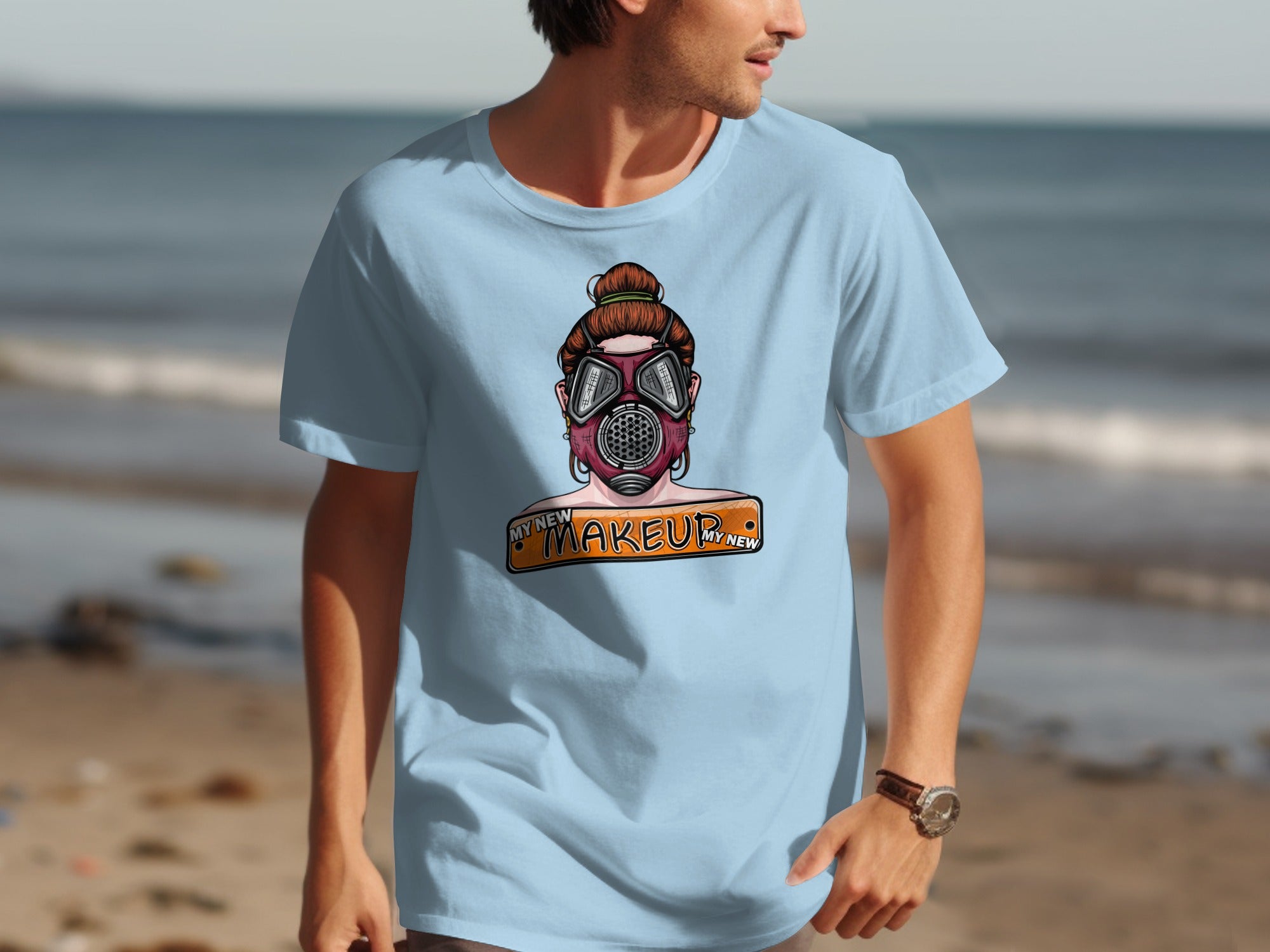 Light blue t-shirt with graphic of woman wearing gas mask and text "My New Makeup My New".