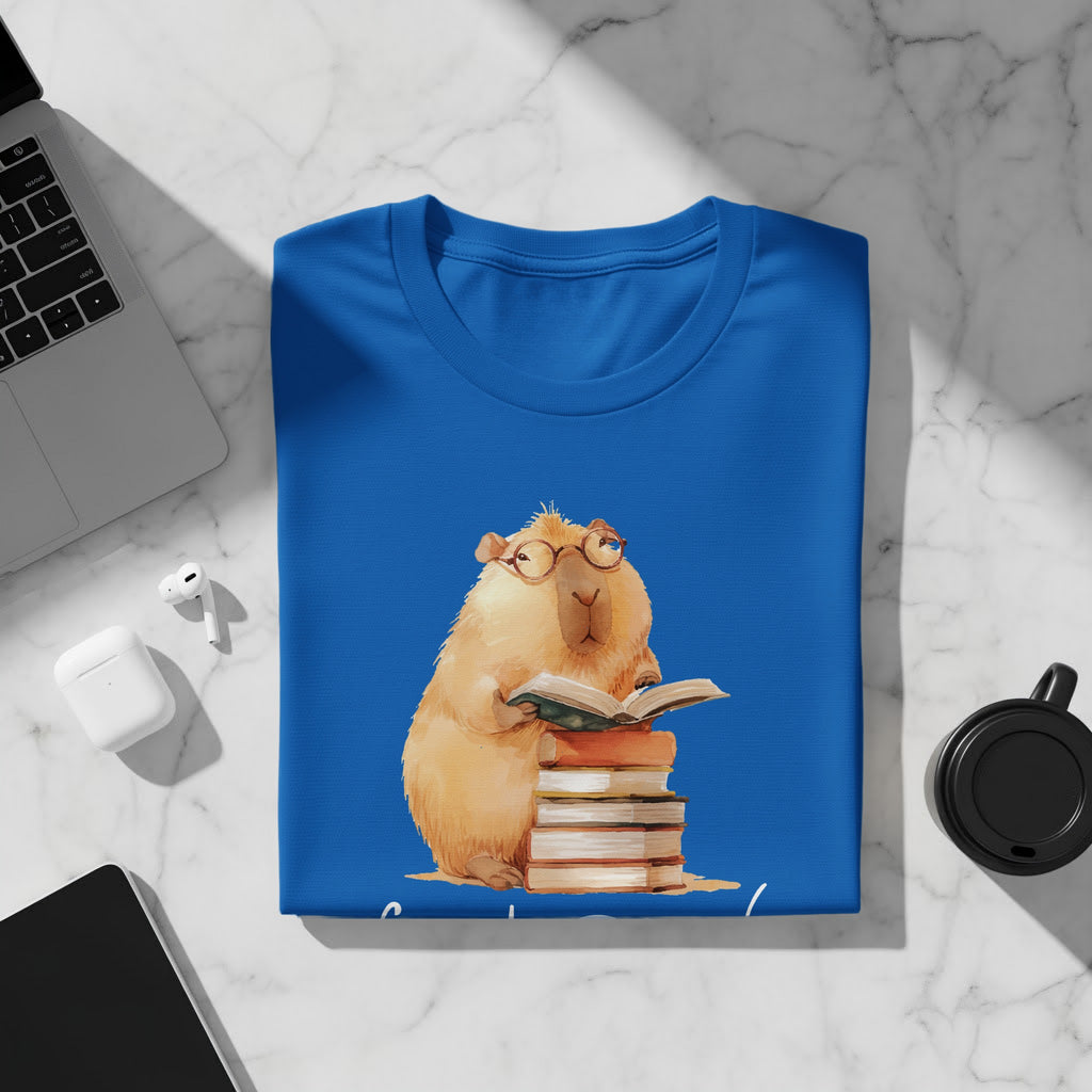 Blue t-shirt with a watercolor illustration of a capybara wearing glasses reading a book.