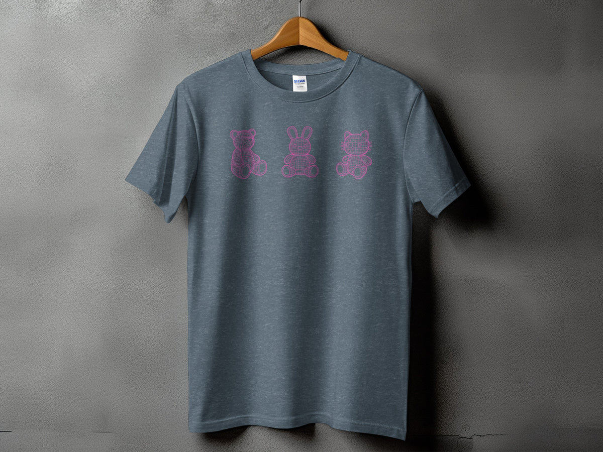 Dark blue t-shirt with pink wireframe teddy bear, bunny, and cat graphics.