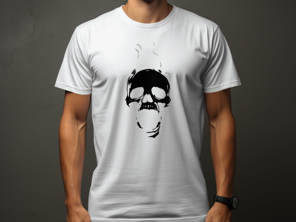 White t-shirt with a black graphic print of a screaming skull with smoke outlines.