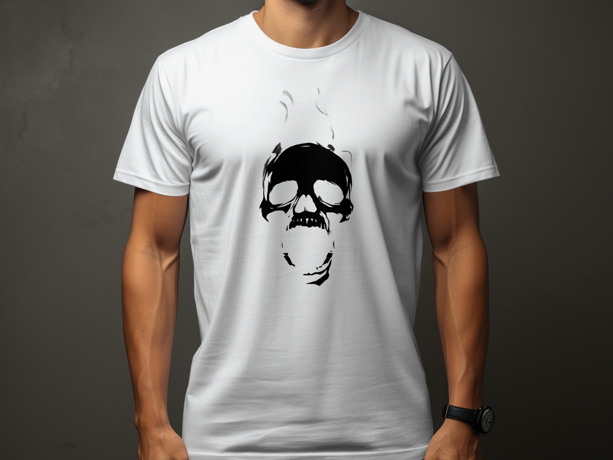 White t-shirt with a black graphic print of a screaming skull with smoke outlines.