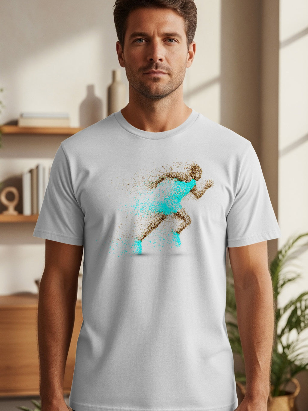 White t-shirt with a graphic of a runner dissolving into sand and turquoise particles.