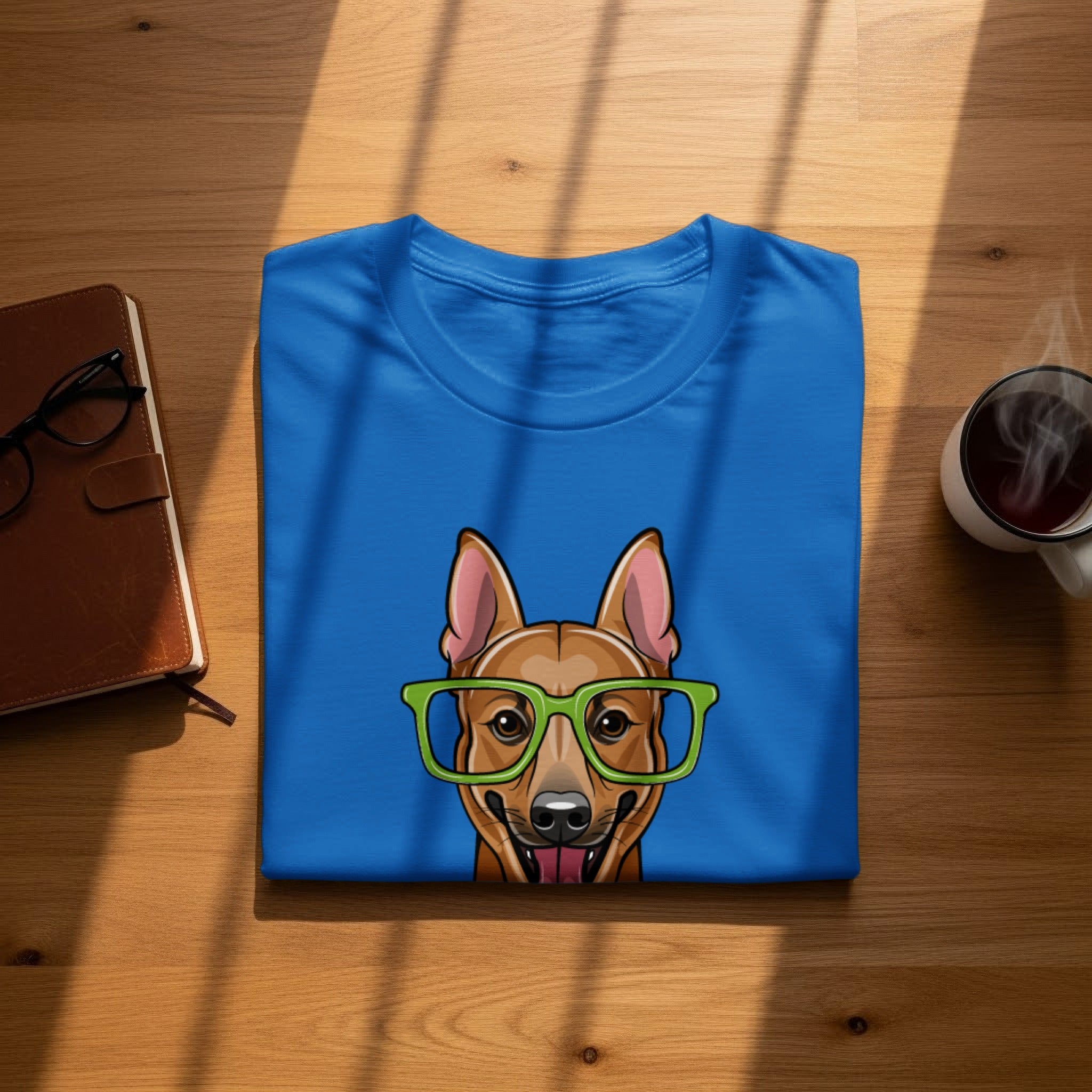 Blue t-shirt with cartoon dog wearing green glasses design.