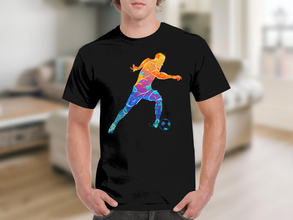 Black t-shirt with a colorful abstract soccer player kicking a ball.