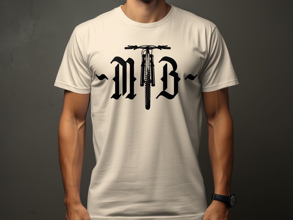 T-shirt with "NB" text and mountain bike front wheel logo.