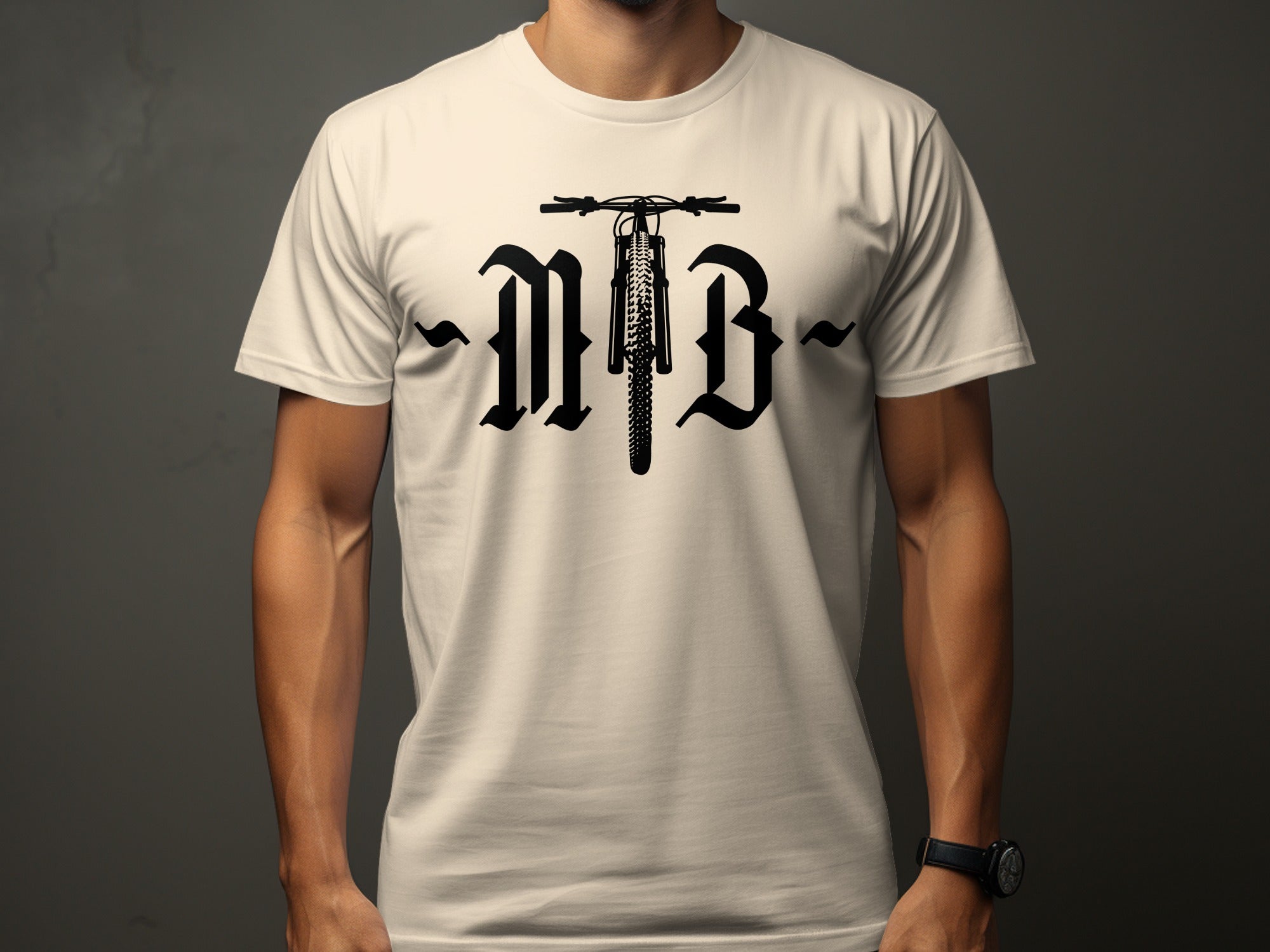 T-shirt with "NB" text and mountain bike front wheel logo.