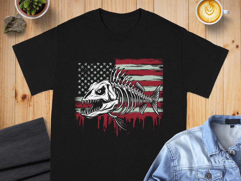 Black t-shirt with fish skeleton graphic on distressed American flag.