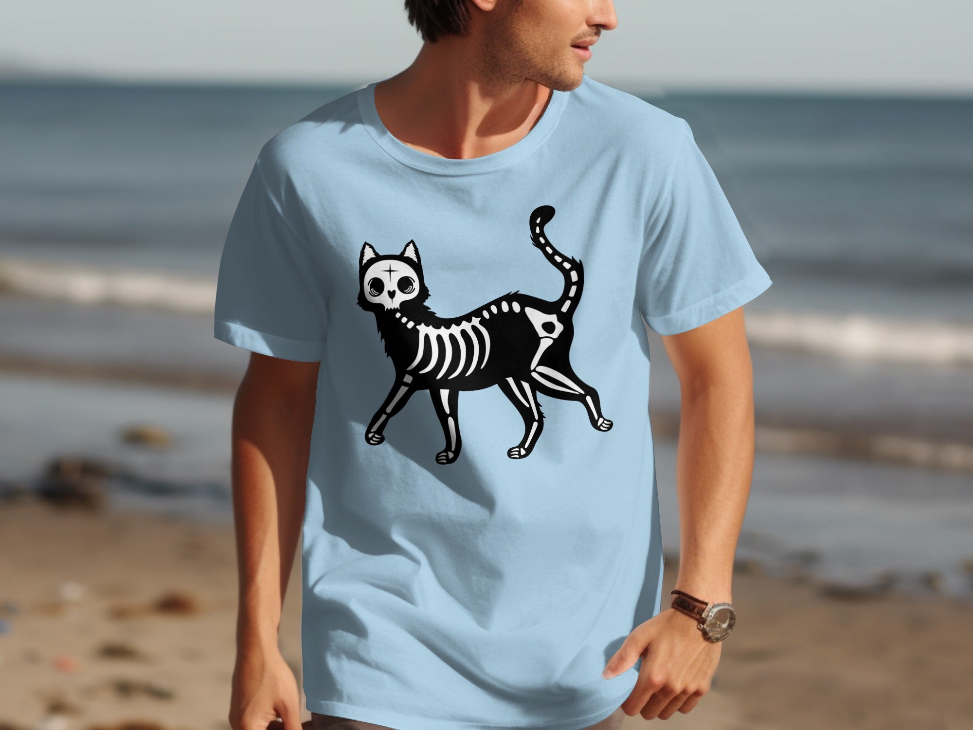 Light blue t-shirt with a black skeleton cat graphic across the chest.