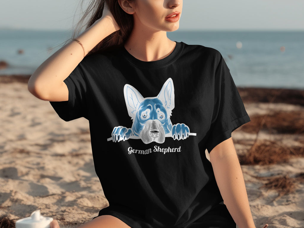 Black t-shirt with a blue German Shepherd graphic and text below.