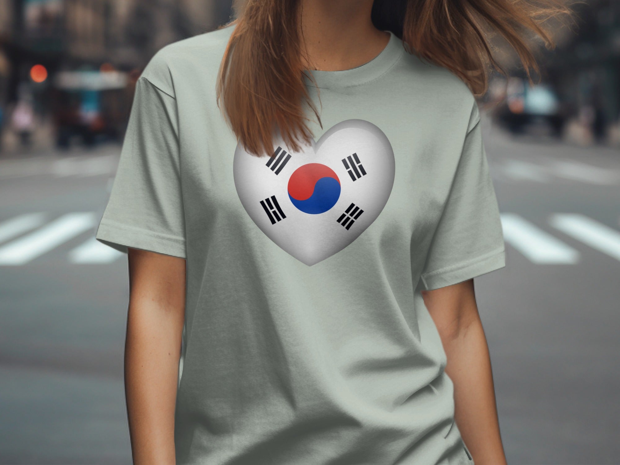 Light gray t-shirt with a heart-shaped South Korean flag on the chest.