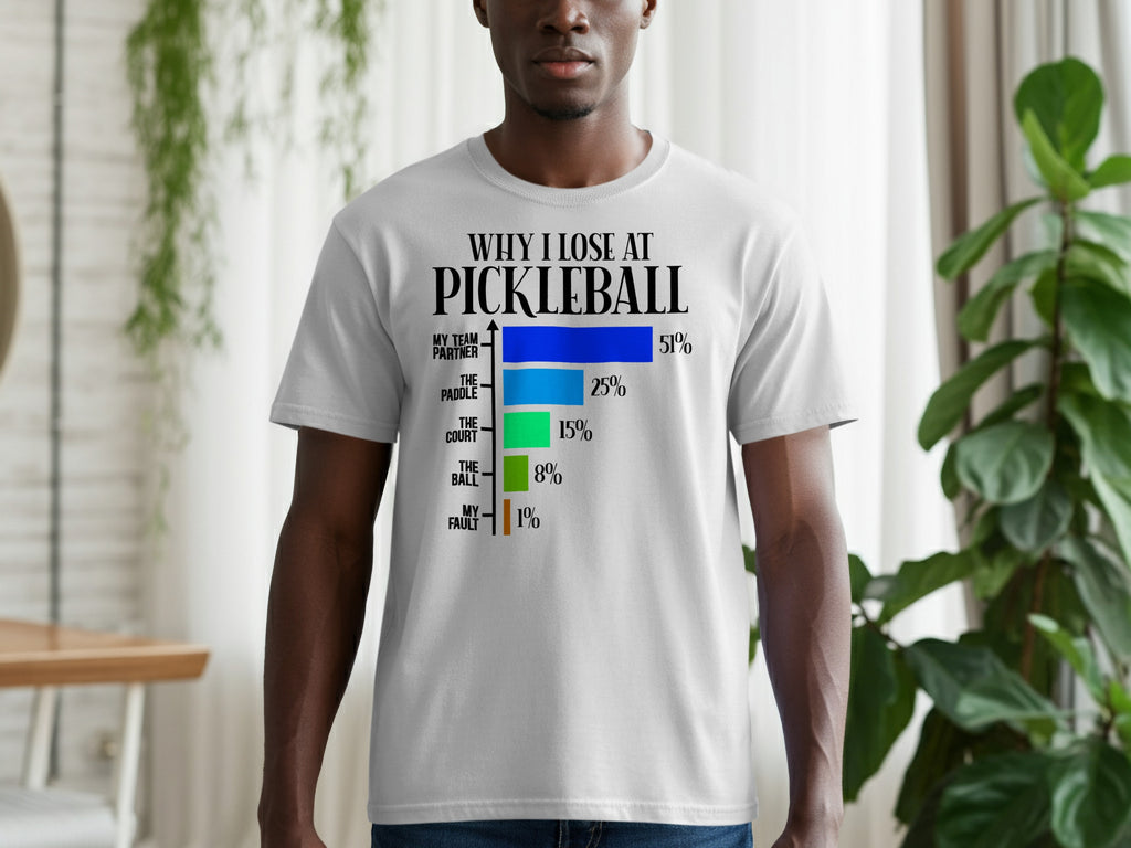 White t-shirt with "Why I Lose at Pickleball" text and a bar chart.