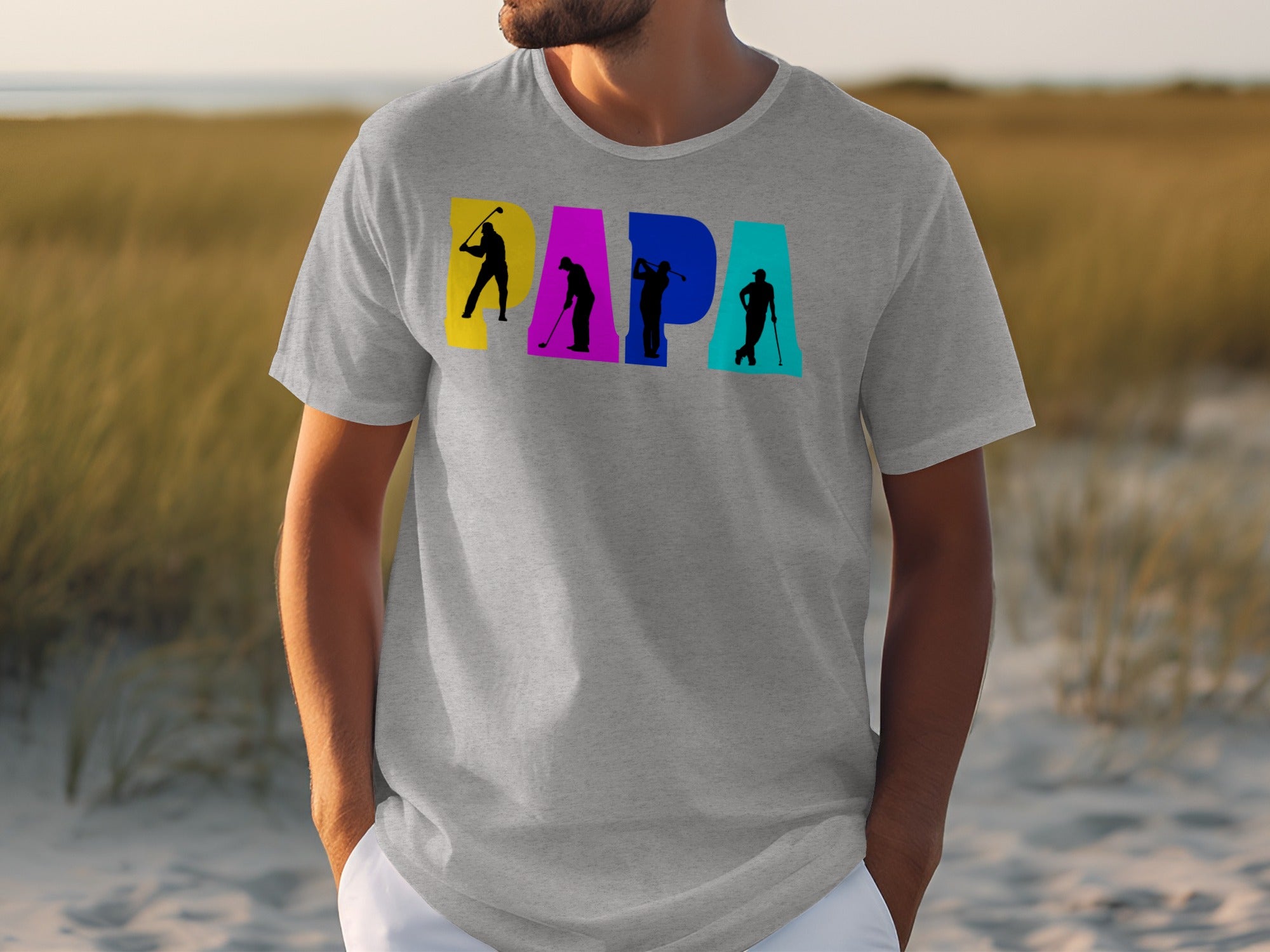 Grey t-shirt with colorful "Papa" text and black golfer silhouettes.