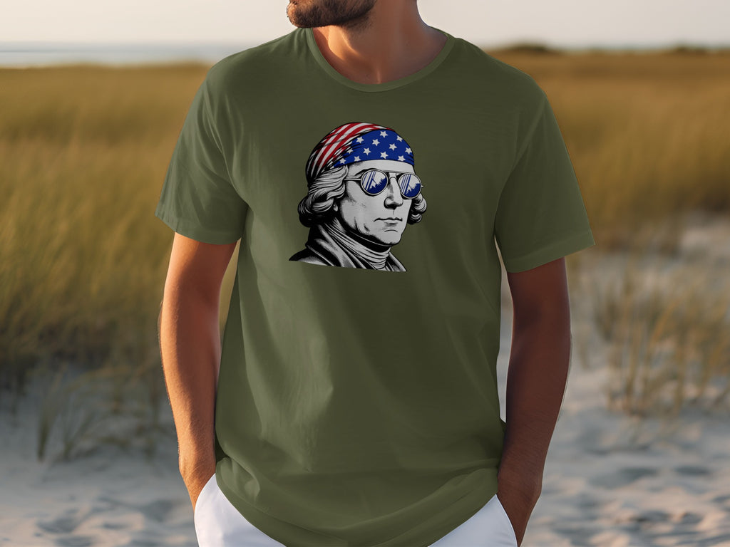 Green t-shirt with George Washington graphic wearing American flag bandana and sunglasses.